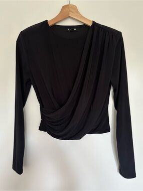 Express Black Draped Long-Sleeve Top